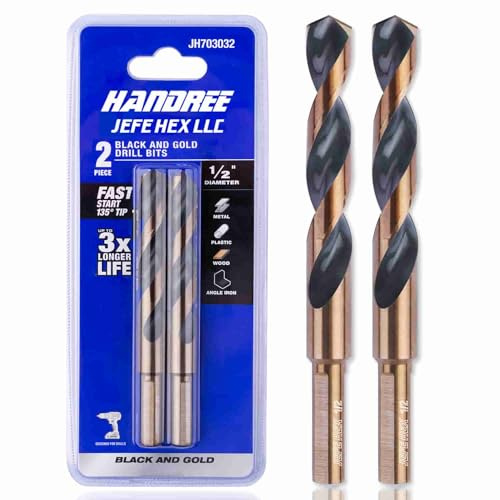 JEFE HEX 1/2 Dia. 5 OAL HSS Twist Drill Bit, General Purpose, 3-Flat Shank, Black and Gold Finished, 135 Degree Split Point, Ideal for Steel/Wood/Copper/Aluminum/Zinc Alloy/Plastic. (2-Piece)