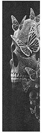 Vnurnrn Kunst Schwarz Vintage Schmetterlingsschädel Skateboard Griffband Griptape Schleifpapier Blasenfrei Rutschfest Skating Board Longboard Roller Aufkleber 84x23cm