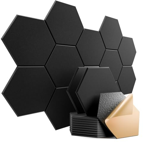 Dailycooper 12 Pack Self-Adhesive Acoustic Panels 12 X 10 X 0.4 - Sound Proof Foam Panels with High Density, Stylish Hexagonal Design, Flame Resistant, Absorb Noise and Eliminate Echoes(Black)