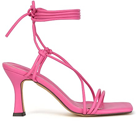 ESSEX GLAM Womens Mid High Heel Lace Up Sandals Ladies Strappy Square Toe Stiletto Party Shoes Size 3-8