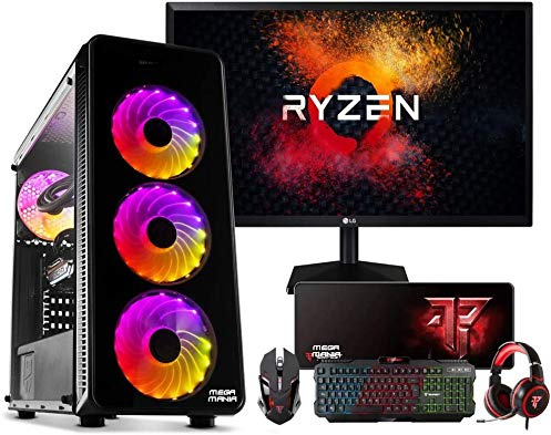 MEGA MANIA PC Gaming AMD Ryzen 7 5700G Ordenador de sobremesa 4.6GHz Turbo Octa Core | 16GB DDR4 | SSD 480GB | Gráfica AMD Radeon Vega 8 | Monitor 24 Curvo LED FullHD | Kit Teclado ratón y Cascos