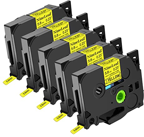 Nineleaf 5 Packung kompatibel für Brother Schrumpfschlauch Band 5.8mm HS-611 HS611 HSe-611 HSe611 Schwarz auf Gelb Etikettenband für P-Touch E300 E500 E550W E800W P900 H500 P950NW P750WVP Schriftband