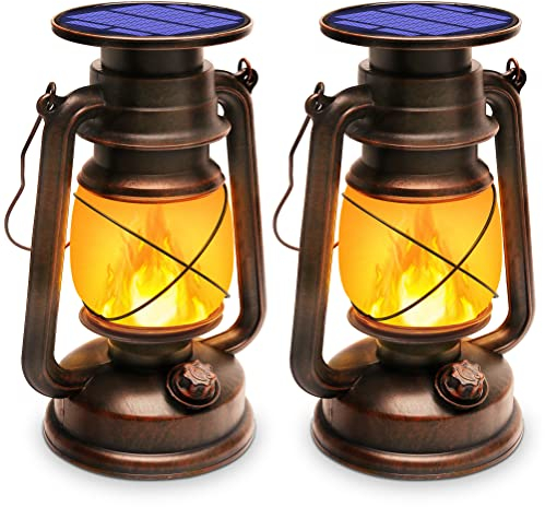 KINGLEAD Lanterne Solaire Vintage 2 Pièces, Lanterne Solaire Exterieur Jardin IP65 Rétro Lanterne LED avec Effet de Flammes Dimmable Lanterne Camping pour Jardin, Porche,Terrasse,Cour, Chemins.