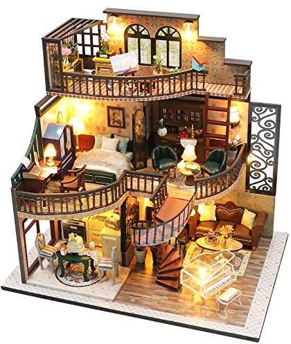 Spilay Diy Miniature House Kit, Wooden Mini Doll house with Furniture and Dust Cover and Music Box, 1:24 Creative Room Idea Gift for for Christmas Valentine's Day - (Dream Building Pavilion) M2132