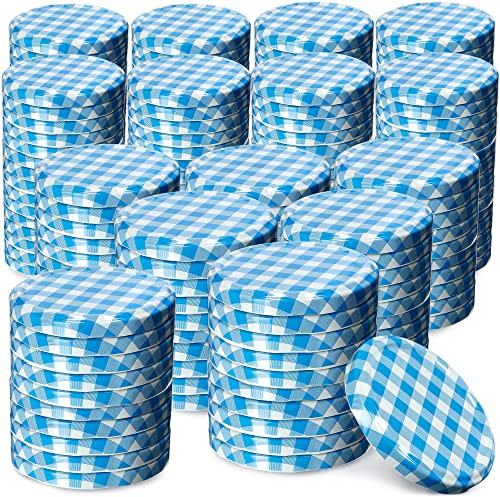 KADAX Lot de 200 couvercles à visser Diamètre : 82 mm En métal Avec 6 dents d'encliquetage Idéaux comme couvercle de rechange pour les bocaux à conserve Bleu à carreaux