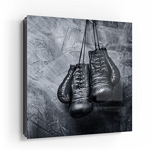 DEQORI Schlüsselkasten schwarz | 30x30 cm | Motiv Antike Boxhandschuhe | Glas & Metall Schlüssel-Box | Schlüsselschrank mit 50 Haken + 2 Magnete | Moderne Box magnetisch & beschreibbar