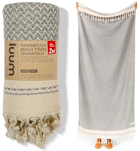 Luum® Hamamtuch groß 90x200 Strandtuch XXL Saunahandtuch Handtuch Yogatuch Duschtuch Strandhandtuch Saunatuch Badetuch Reisehandtuch Pestemal Turkish Towels, Damen Herren, 100% Baumwolle, Beige