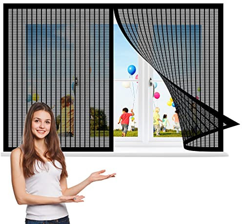 Fliegennetz Fenster Magnet 110 x 140 cm, Insektenschutz Klettband Fliegengitter Fenster mit Klettband, Magnetische Adsorption für Alle Arten von Fenstern, Schwarz