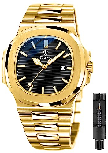 Tiong Herren-Business-Uhr mit quadratischem Achteck-Design, wasserdichte leuchtende Quarzuhr für Herren, Datums-Quarzuhr aus Edelstahl