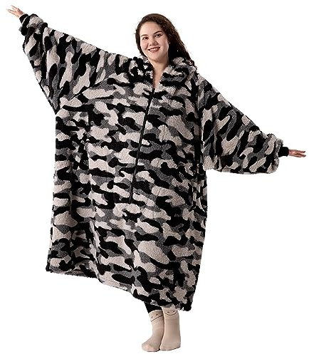 Winthome Plus size Blanket Hoodie for 90-150kg Women Men Adults, 6XL Oversized Sherpa Wearable Blanket with Lengthen Zipper (Black Camo)