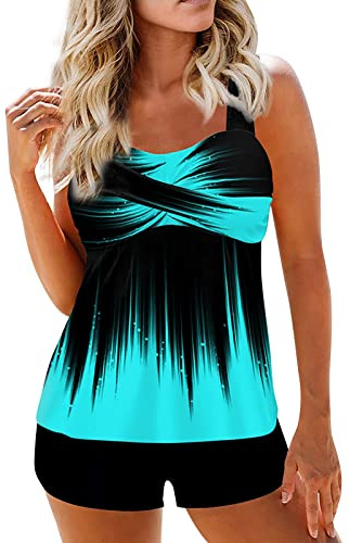 Tankini Damen Bauchweg Bademode Set Zweiteilig Badeanzug Strand Schwimmanzug Swimsuits Bikini Tank Top Shorts Oberteile und Badeshorts