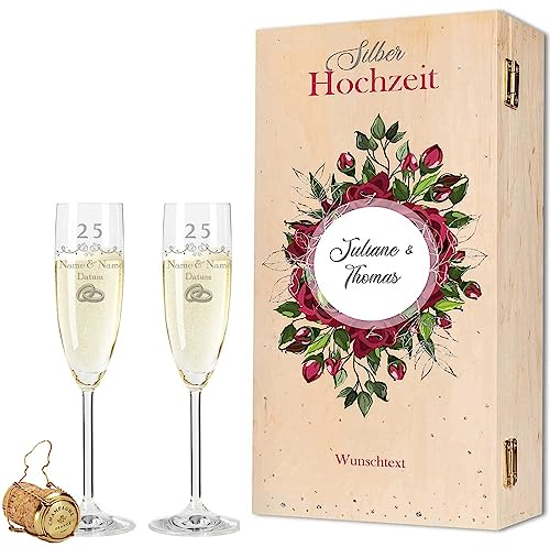 Leonardo - Bicchieri da spumante con incisione, per matrimonio in argento, 25 anni, personalizzabili con nome e data, con scatola di legno, regalo per matrimonio, fidanzamento, anniversario, colore: