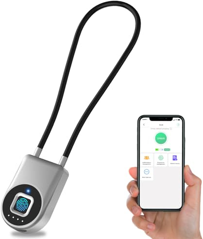 Anweller Lucchetto a cavo per impronte digitali, lucchetto con cavo in acciaio da 38 cm, lucchetto impronte digitali con app, adatto come porta, valigia, zaino, palestra, bicicletta