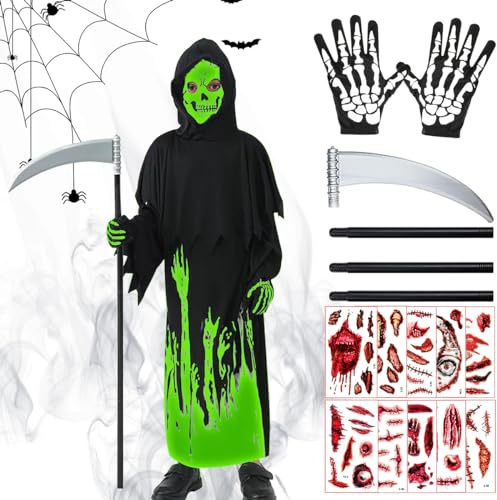 LGZIN Costume da Mietitore di Halloween, Luminoso con Morte, Bandana con Teschio, Guanti, Falce e Tatuaggi Temporanei per Halloween e Carnevale