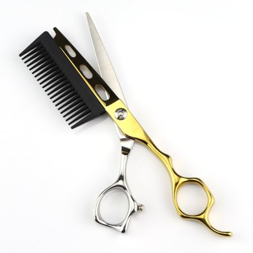 CrEev Haarschneideschere, 6 Zoll, professionelle JP440c-Stahlgold, 2-in-1-Haarschere mit Kamm, Haarschnitt, Friseur-Haarschneideschere, Friseurschere