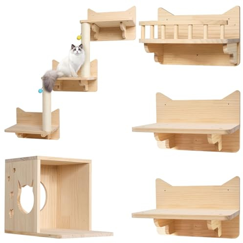Ricyea Kletterwand Katzen, 5-teiliges Wandregal Set aus Holz Stabiles Katzenwandmöbel mit Katzentreppe, Katzenhaus, Katzenplattform, Katzenwand & Kratzbaum