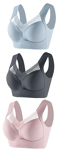Damen BH Große Brüste Ohne Bügel Comfy Haltungskorrektur BH 3er Pack Große Größen Gepolstert Push Up BH Damen Großer Trägerloser Spitzen Unterwäsche Dünner Verstellbarer BH Sport (Dark Gray, L)