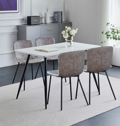 Hallowood Furniture Cullompton Rectangular Dining Table and Chairs Set 4 | White Marble Effect Top Small Kitchen Table and Chairs in Upholstered Taupe Faux Leather with Metal Legs, Dinner Set for 4