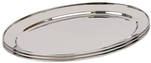 Argon Tableware 3X 60cm x 41cm Plateaux de Service Ovales en Acier Inoxydable - Grand Fête Dîner Collation Buffet Nourriture Sandwich Afficher Plateau Assiettes Plats
