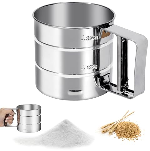 QH-Shop Tamizador de Harina en Acero Inoxidable 250g Taza Tamiz para Hornear Tamiz de Harina Semiautomático Colador de Repostería Manual con Escala para Harina Cacao Azúcar Glasé Plata