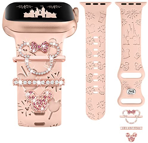 BEEXI Compatible with Apple Watch Strap (Strap Included) 41mm 40mm 38mm 42mm Women, Cute Engraved Silicone Strap Glitter Rings for iWatch Series 10 9 8 7 6 5 4 3 2 1 SE