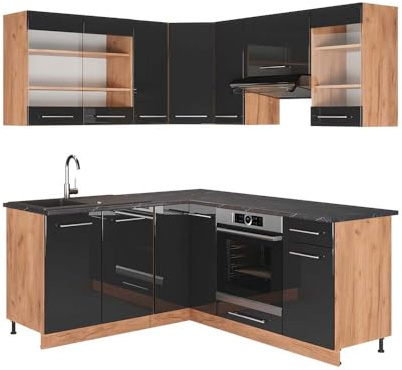 Vicco Eckküche Fame-Line, Anthrazit Hochglanz/Goldkraft Eiche, 190 x 60 cm, AP Anthrazit, kombinierbar mit weiteren Modulen für Flexible Küchenplanung