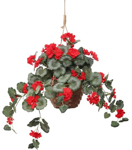 Larksilk Geranio Rojo Colgante de 25 Pulgadas en Cesta, Flor Artificial, Uso en Interiores y Exteriores, Corona de Puerta Delantera, decoración del hogar y la Oficina
