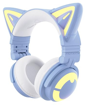 YOWU Casque de jeu sans fil avec oreilles de chat - Bleu - Expérience sonore en direct, microphone intégré et effet de lumière RVB personnalisable pour PC/PS4/PS5/Switch
