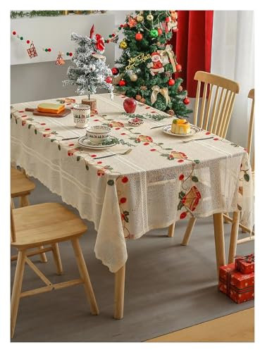 LYHYDMA tischtuch Weihnachten Tischdecke mit Weihnachtsglocken, Spitze, Haus, rot, waschbar, for Party, Picknick, Abendessen, Dekoration für Partys, Dekoration(140x260cm)