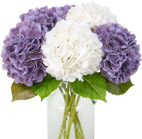 JUSTOYOU Flores de hortensia artificiales, 4 piezas de flores de hortensias realistas de doble color, tallo largo, 19.6 pulgadas, grandes ramos de hortensias falsas de tacto real para bodas, fiestas
