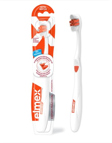 elmex Zahnbürste Expert Präzision Interdental, Mittel, 1 Stück | Handzahnbürste mit X-Filamenten, Präzise Reinigung der Zahnzwischenräume, Mit über 4.500 Filamenten, Ergonomischer Griff