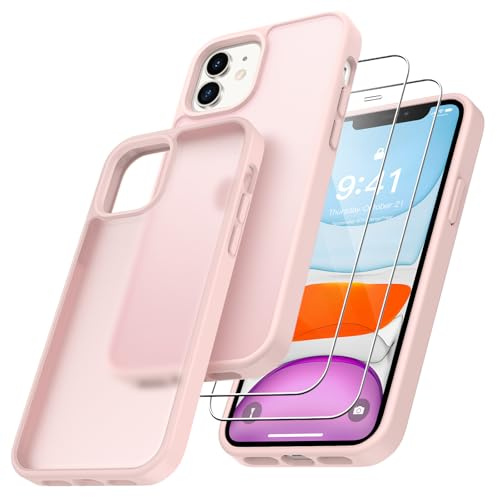 Niphabe per Cover iPhone 11 Opaca con 2 Vetro Temperato, Anti Ingiallimento Hard PC Custodia Anti-Graffio Antiurto Custodia con Bumper TPU Cover iPhone 11 - Rosa