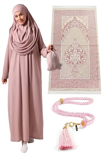 ihvan online Muslimische Kleider für Frauen, Einteiliges Langärmliges Islamisches Gebetskleid mit Gebetsteppich und Perlen, Gebetskleidung für Frauen,Islamisches Geschenkset für Eid und Ramadan