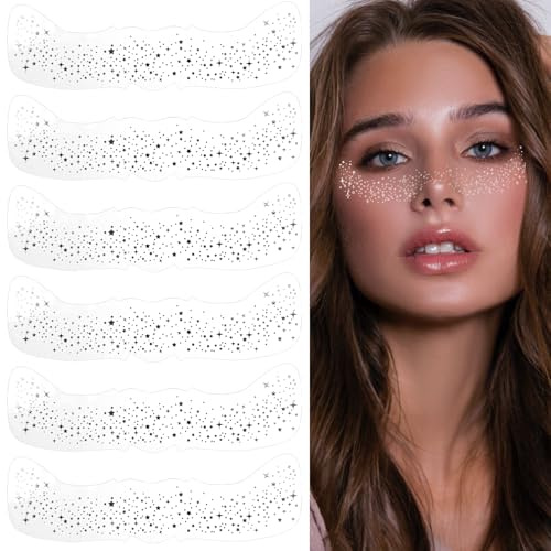 AOZUO 6 Blatt Selbstklebende Gesichts Glitter Freckles Aufkleber, Flash Tattoos Face Sticker for Holiday Girls and Young Women für Feiertagskarneval Augen Gesicht Party Festival Shows(silber-B)