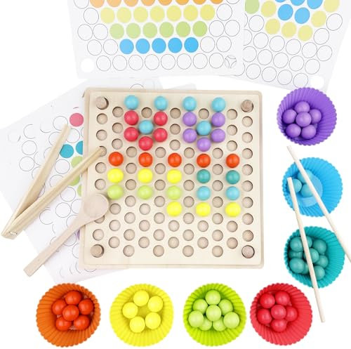 Cigrubo Brettspiele Clip Perlen Puzzle, Holzspielzeug Farben Sortieren, Regenbogen Puzzle Holz, Sortierspiel, Montessori Spielzeug, Kinder Vorschule Farben Sortier Stapelspielzeug, für ab 3 4 5 Jahre
