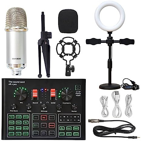 Kit de Carte Son Kit de Microphone à condensateur de Studio Professionnel Kit de Micro WXH1000 avec Carte Son en Direct Configuration de Studio Bluetooth karaoké sans Fil pour l'enregistrement