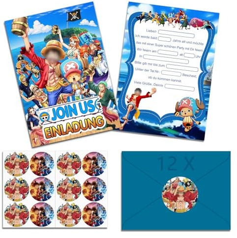 VOVhpbidy 12x One Piec Einladungskarten Kindergeburtstag Junge mit Umschlag Deutsch, One Piec Geburtstagseinladungen Jungen, Cartoon Einladungskarten Geburtstag Set für Themed Party (A6)