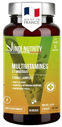 Multivitamines & Minéraux, Formule Complète, Énergie, Immunité & Renforcement Osseux, 60 Gélules, VINDI NUTRITY, Fabriqué en France