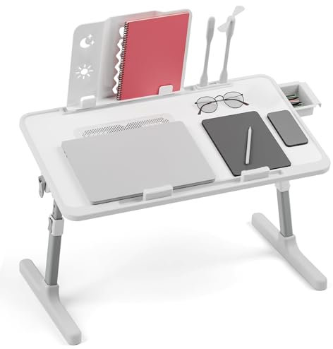 ITETONE Foldable Laptop Desk, Portable Bed Lap Tray Table with Light & Fan, Adjustable Height Angle Sofa Notebook Stand, Laptop Table for Bed Sofa Breakfast Work Study Reading Grey