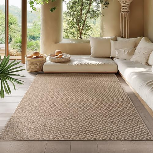 HomebyHome In- & Outdoor Teppich Beige 120x170 cm Läufer, Wetterfest & UV-beständig, Ideal für Küche, Balkon, Terrasse, Wohnzimmer und Esszimmer, Karo-Design im Boho-Stil