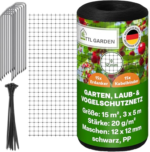 TTL GARDEN 3x5m Vogelschutznetz 20g/m² schwarz engmaschig 12x12mm Masche -