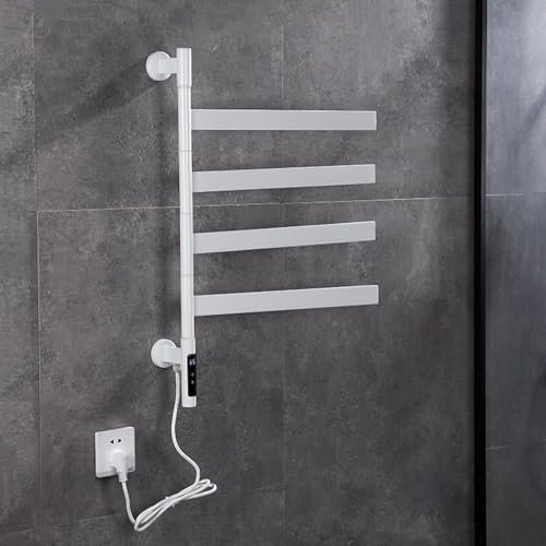 GPECTIFO Wall-mounted Electric Towel Rail Heater, Stainless Steel Towel Rack With Built-in Timer And Temperature Control Bathroom Heater, 180° Swivel(White)