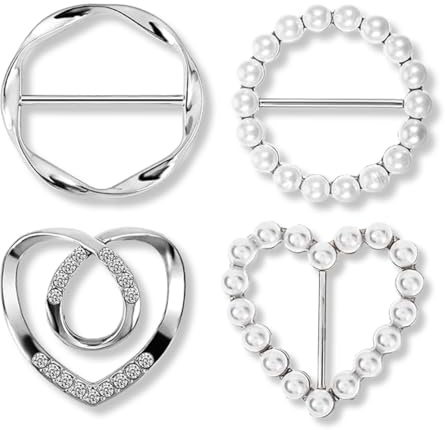 OUDQFCJ 4 Pezzi Clip per T-Shirt Donna in Metallo con Strass, Fibbia per Sciarpa, Anello Fermasciarpa, Spille Gioiello per Vestiti, Clip Rotonda per Abbigliamento (Argento)