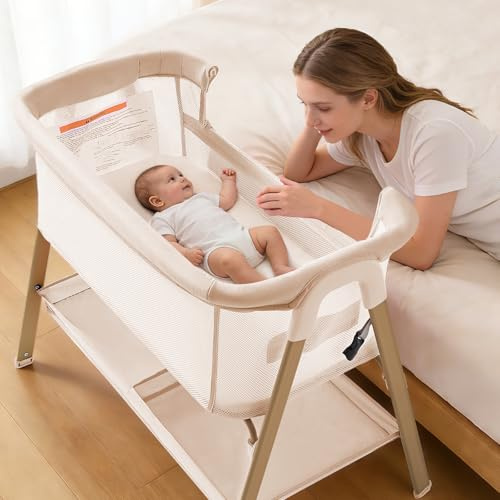 cozydwells Next to Me Crib, 3 in 1 Baby Beside Crib for Babies from Birth to 9kg, Portable Travel Cot Bed with Wheels, Storage, Mosquito Net and Matress Baby Co-Sleeper for Newborn Infant Beige