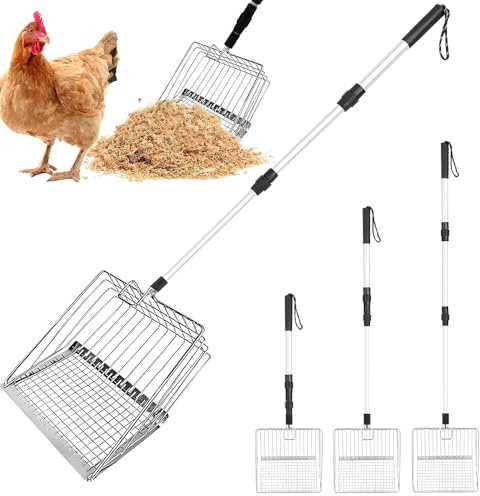 SGZIOO Hühnerkotschaufel, 3 in 1 Siebschaufel, Kotschaufel Hühner, Einstellbare Hühnerschaufel, 57-106 cm, Hühnerstall Zubehör für Hühnerstall Trennung von KOT und Schutt von Sand Hühnerstreu