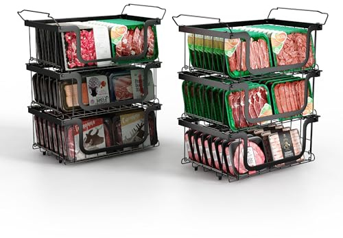 Elayu 6er Gefriertruhe korb,körbe für gefriertruhe stapelbar,gefrierschrank organizer,stapelkörbe,Schwarz, 40L x 33B x 20H CM