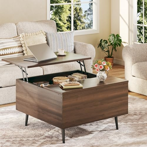 HUAHUU Lift Top Coffee Table, 31.5 Square Coffee Tables with Storage, Coffee Tables with Large Hidden Compartment, Center Table with Lifting Tabletop, Coffee Table for Living Room, Walnut