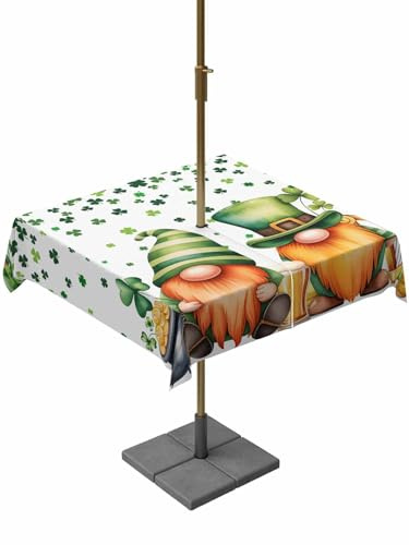 Outdoor Table Cloth with Umbrella Hole and Zipper, St. Patrick's Day Waterproof Square Tablecloth 54x54, Lucky Shamrocks Harp Beer Spring Plants Washable Table Cover for Outside Party Patio Picnic