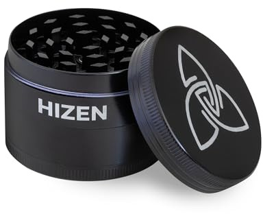 HIZEN Basic Grinder Ø 49mm, 4-teilige Kräutermühle, Crusher Set für getrocknete Kräuter, Pollen, Blüten, Gewürze mit Pollenfach und Schaber (Schwarz)