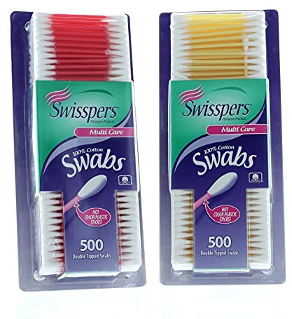 Swisspers Hot Color Cotton Swabs, 100% Cotton, Color Plastic Sticks, 500 per Pack (Color May Vary) - 2 Pack